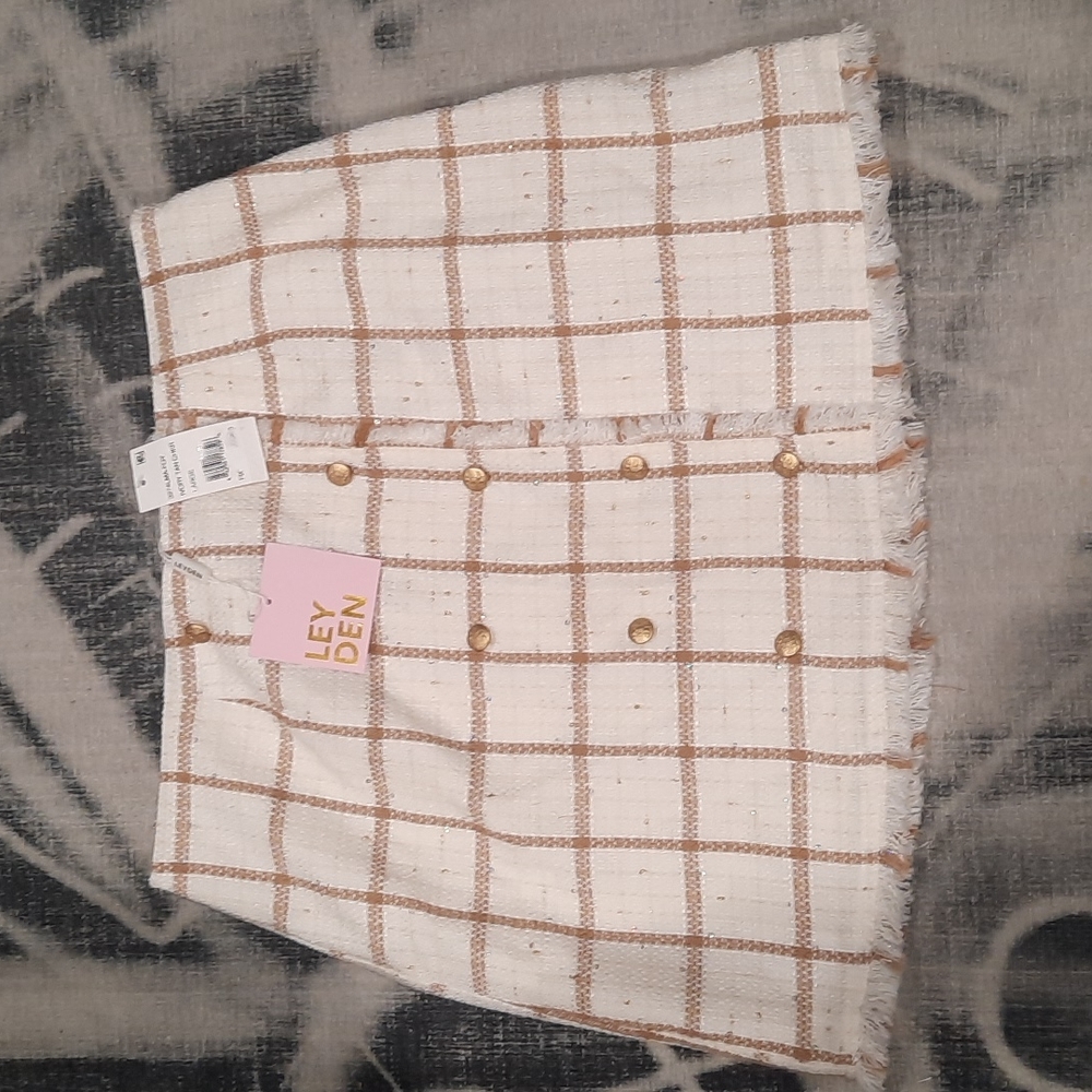 Leyden Monroe Plaid Printed Mini Skirt, Ivory Tan Gold, Large